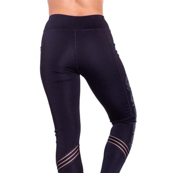 High-Waisted & Mash Panel & Rhinestoned Leggings with Side Pockets Black - Picture 5 of 7